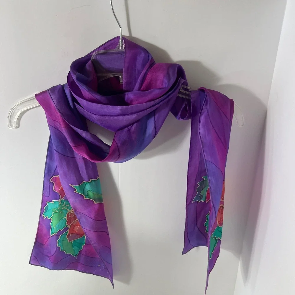 Handpainted Silk Floral Scarf Signed JT Purple Orange Green 8 x 72